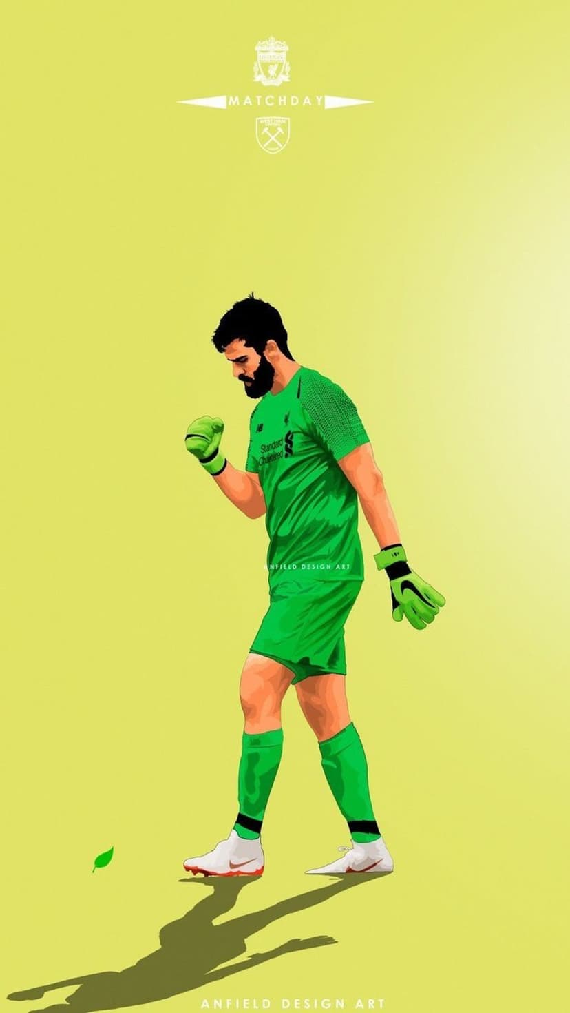 Alisson Becker wears a green goalkeeper kit while raising a clenched fist against a lime yellow background.