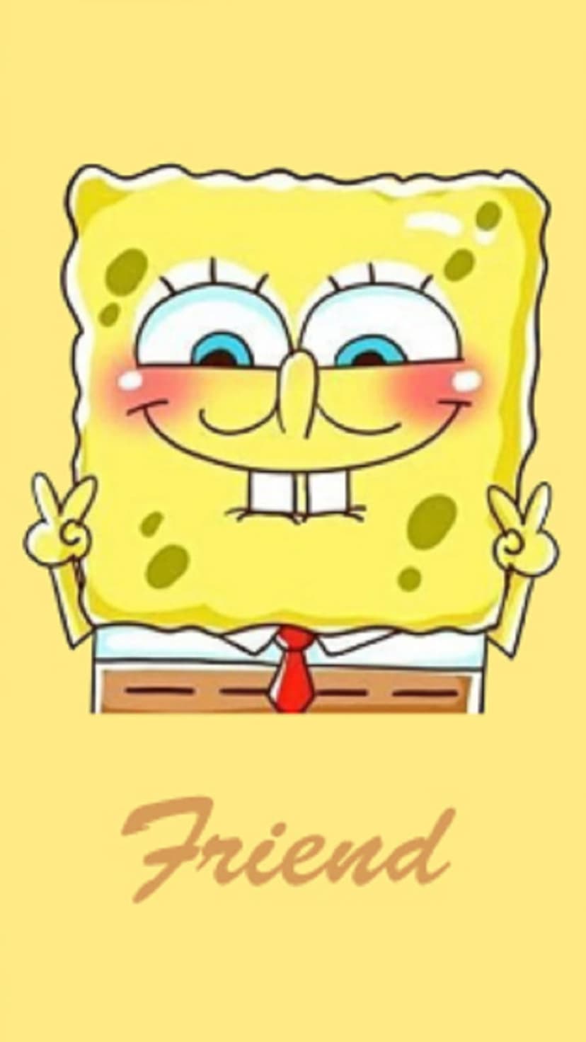 Spongebob Squarepants makes a peace sign with blushing cheeks above the word Friend on a solid background.