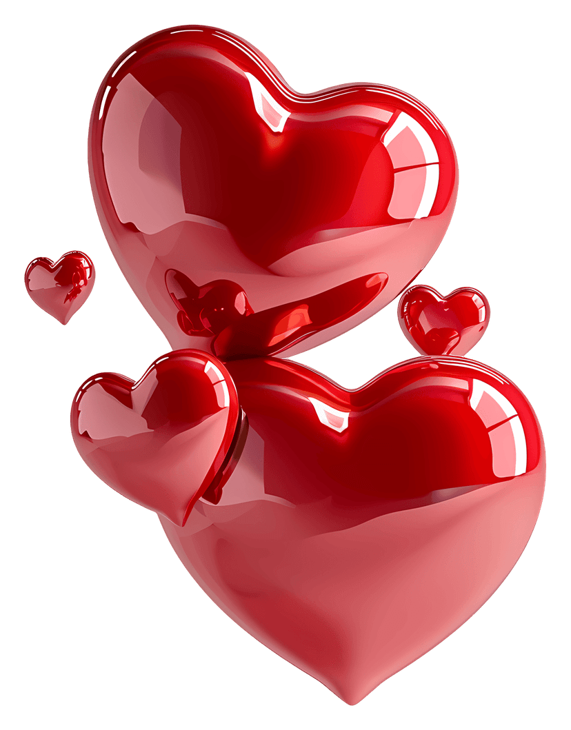 Glossy red hearts float together in a 3D digital render featuring soft highlights and vibrant crimson tones.