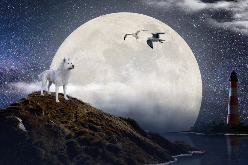 White wolf standing on rocks silhouetted against a huge moon and lighthouse near a starry ocean at night.
