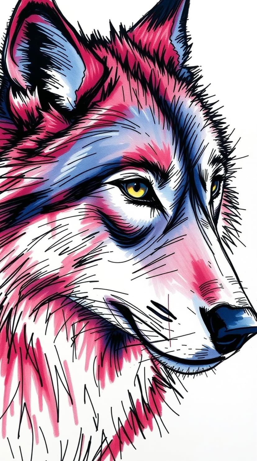 Wolf head with glowing yellow eyes and neon pink and blue fur highlights against a stark black background.