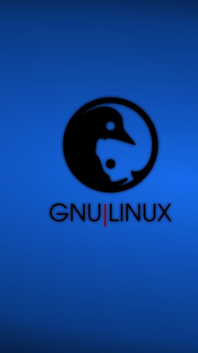 GNU logo and Tux penguin silhouette combined into a blue Yin Yang emblem with a red accent for mobile screens.