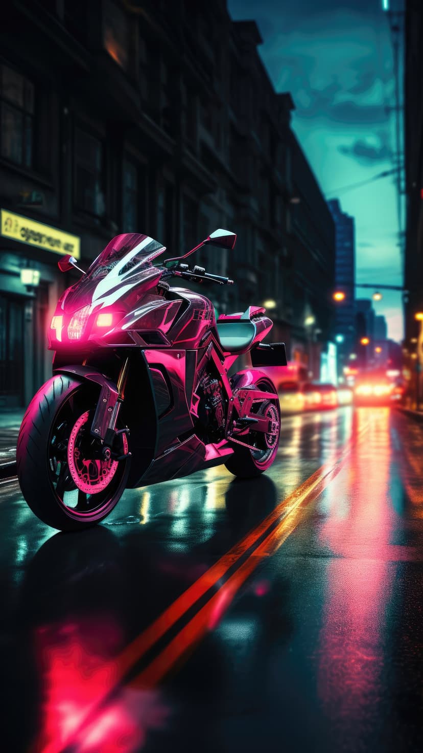 Cyberpunk motorcycle with pink neon lights parked on a wet street with city lights reflecting in the puddles.