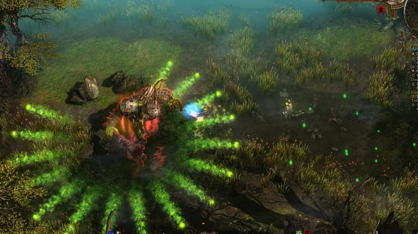 Large armored monster in a dark swamp releasing radial green toxic projectiles in a gaming landscape.