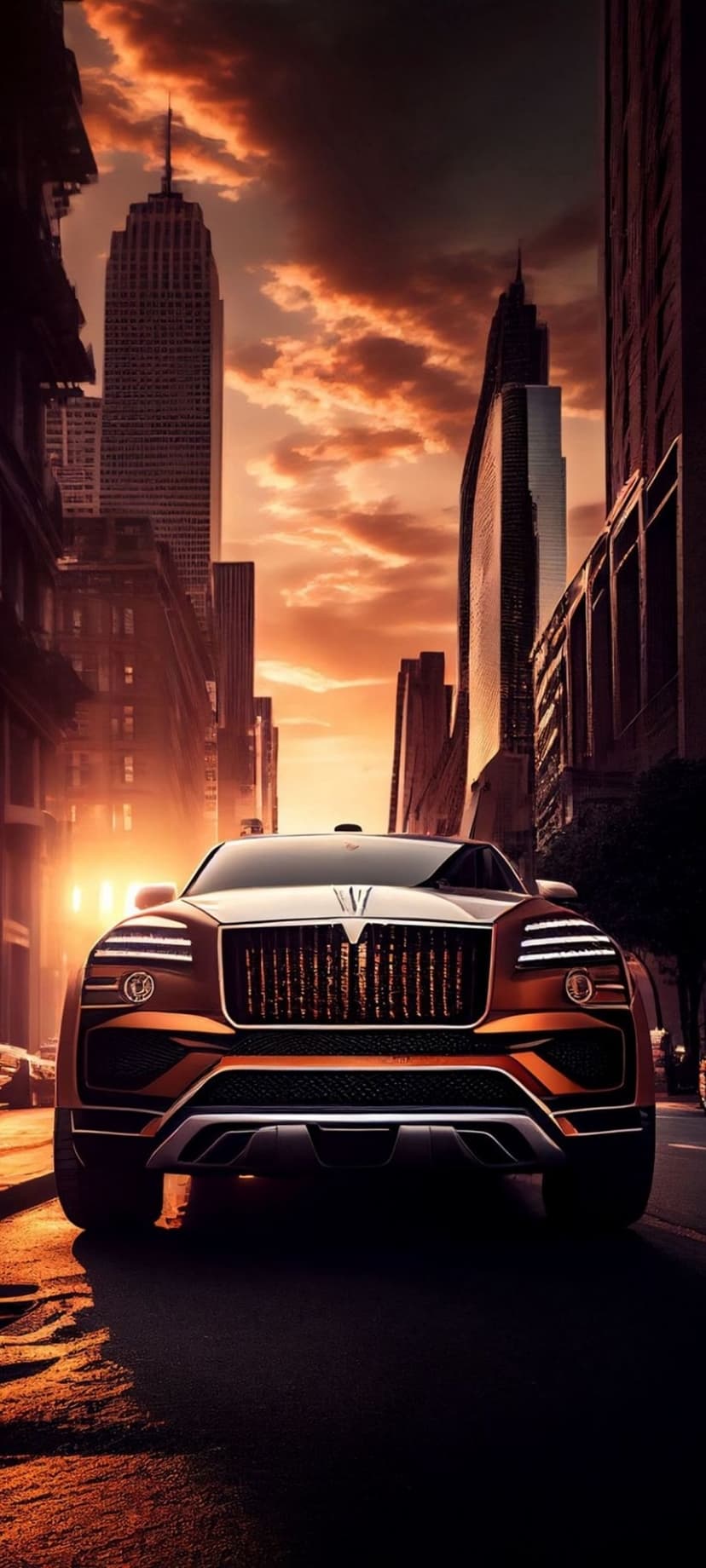 Futuristic luxury SUV parked on a wet urban street reflecting tall skyscrapers during a vibrant orange sunset.