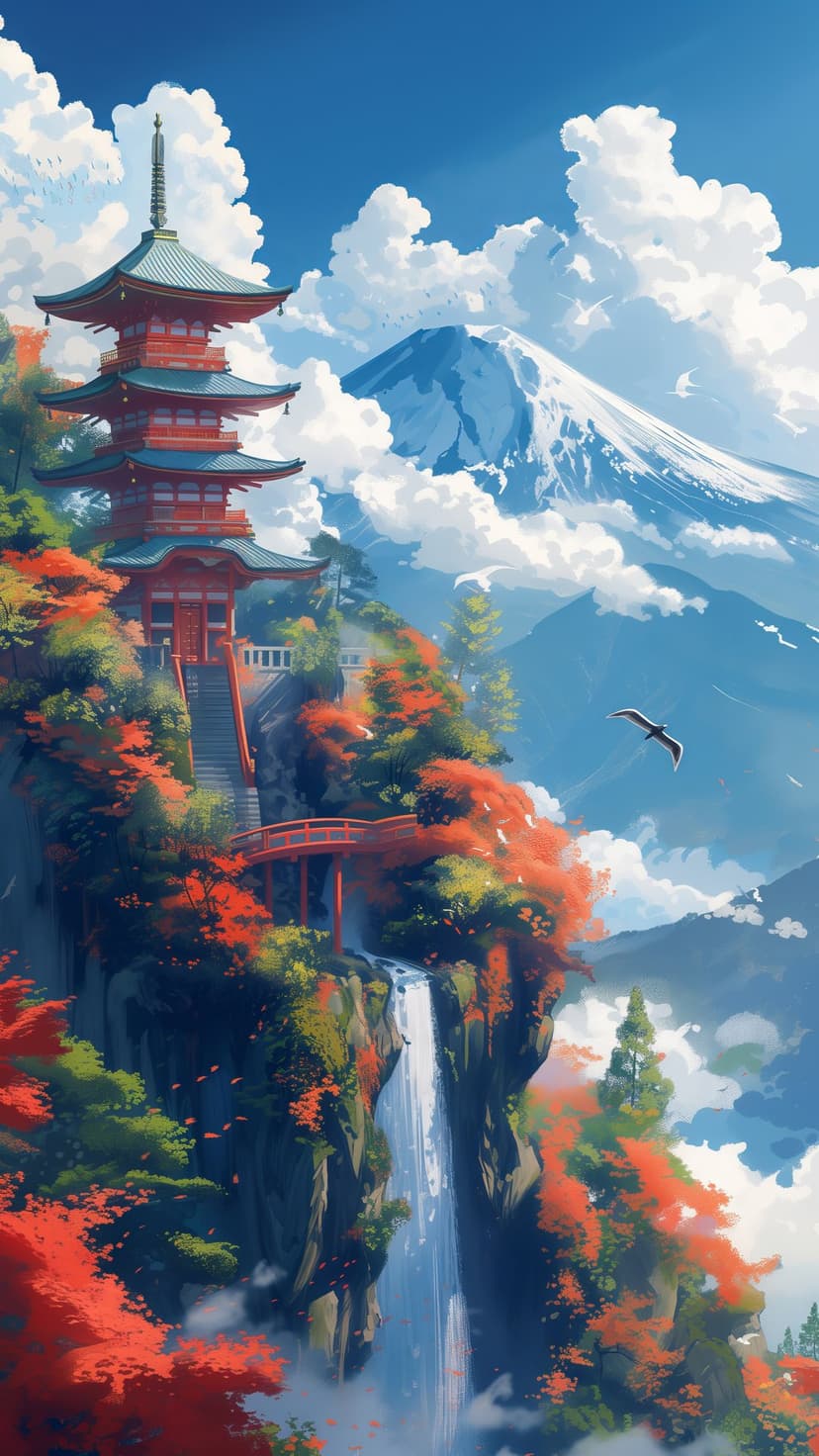 Red Japanese pagoda on a cliff beside a waterfall with a snow-capped mountain and autumn trees in the distance.