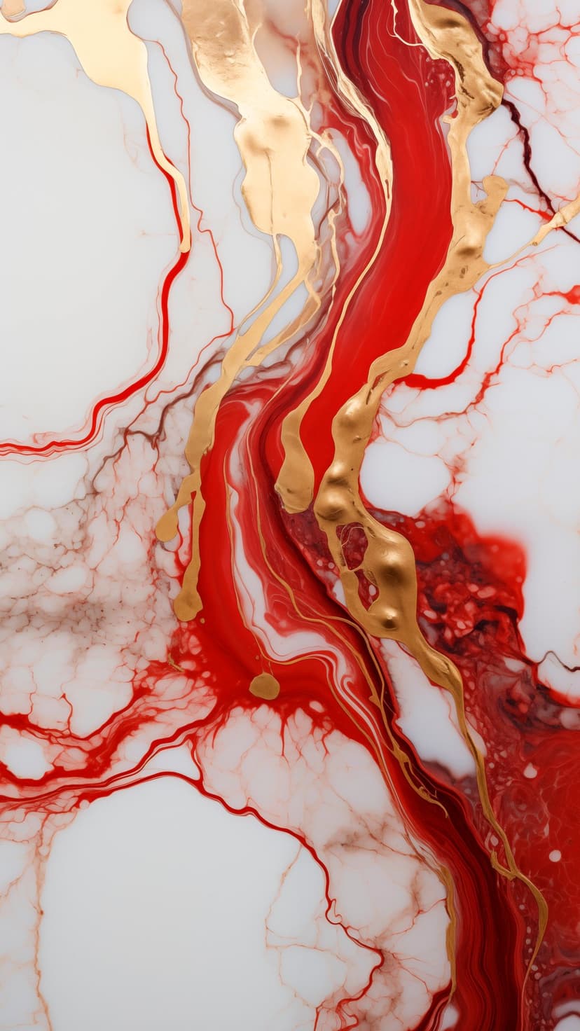 Crimson red and metallic gold liquid swirls flow across a white background in a vertical fluid art composition.