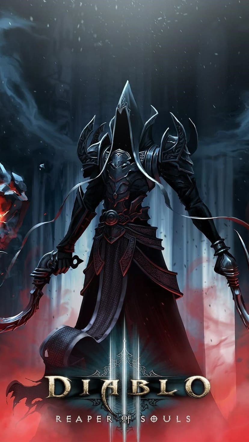 Malthael the Angel of Death in black armor holding twin curved blades against a misty gothic background.