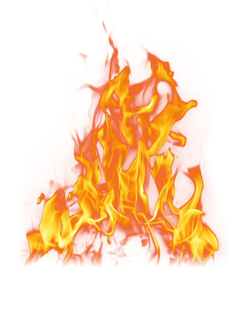 Fire flame illustration featuring intense orange tongues of heat and yellow glow over a transparent background.