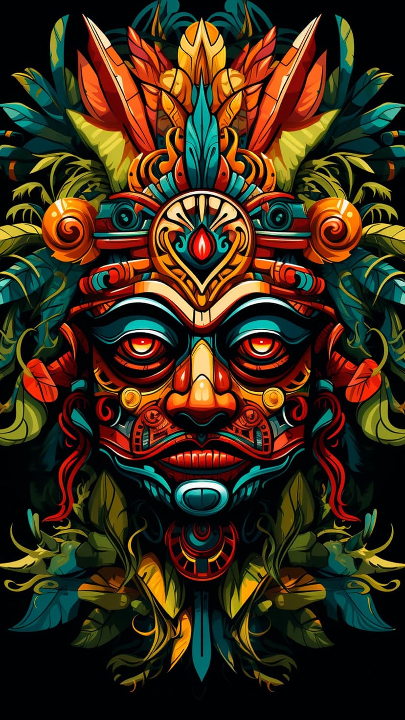 Mayan warrior mask with turquoise inlays and orange patterns surrounded by green tropical jungle leaves.