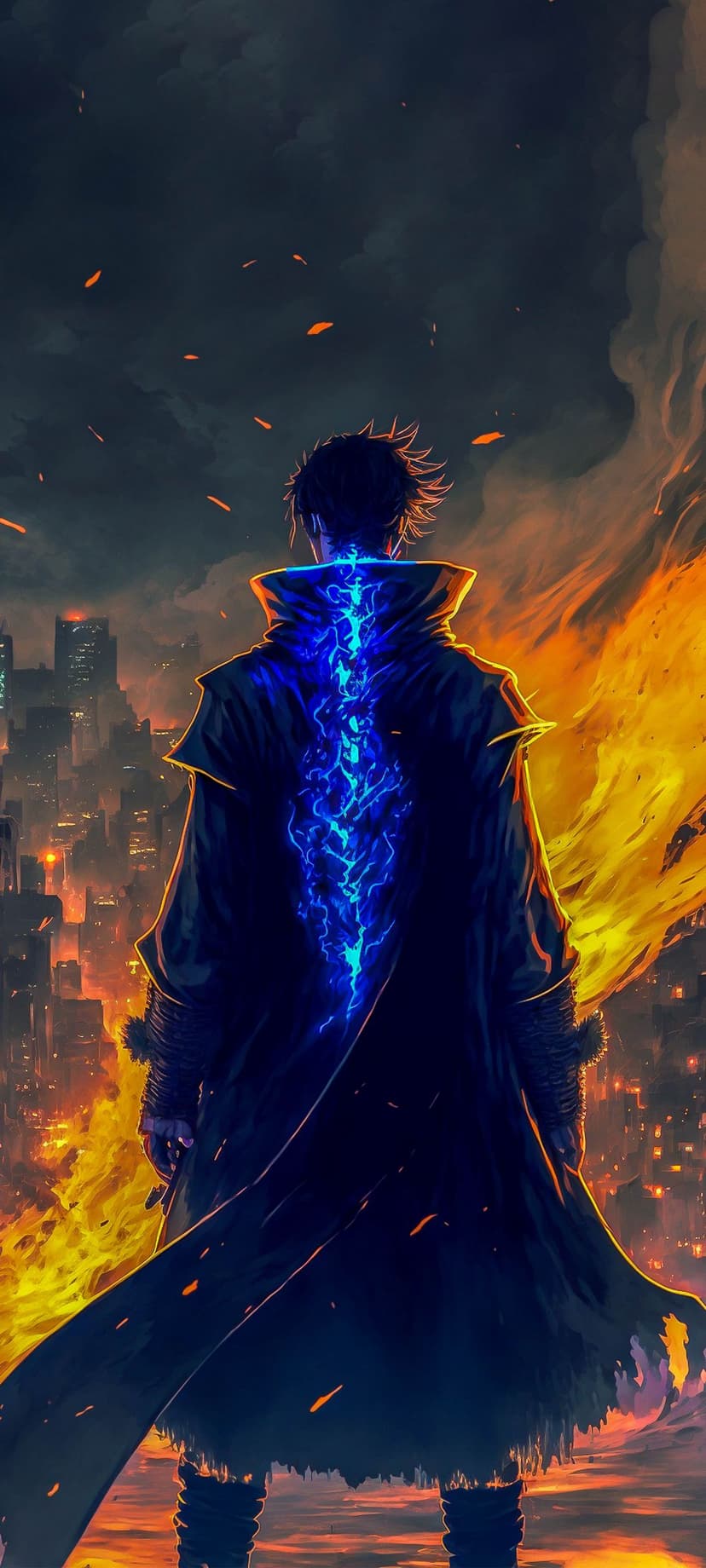 Lone figure with blue lightning erupting from their spine stands before a burning city in the dark of night.
