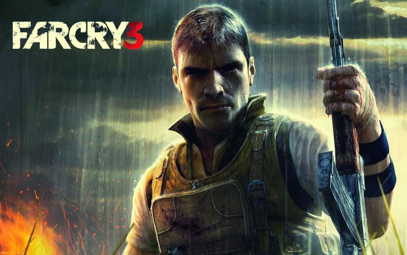 Gritty man holding a rifle with bloodied hands in rain and fire from Far Cry 3, landscape gaming background.