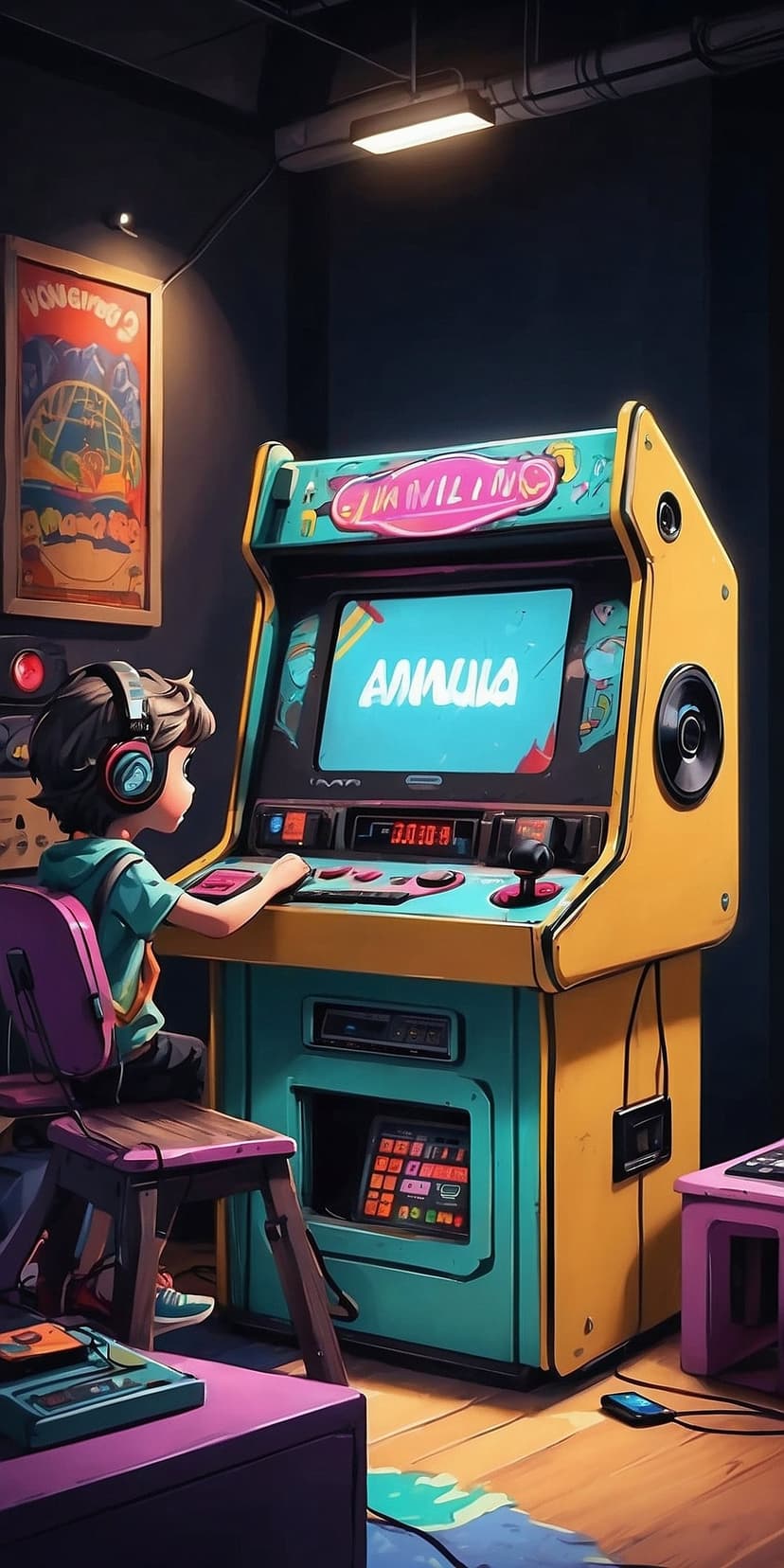 Boy wearing headphones plays a yellow arcade game in a room with posters, creating a retro gaming scene.