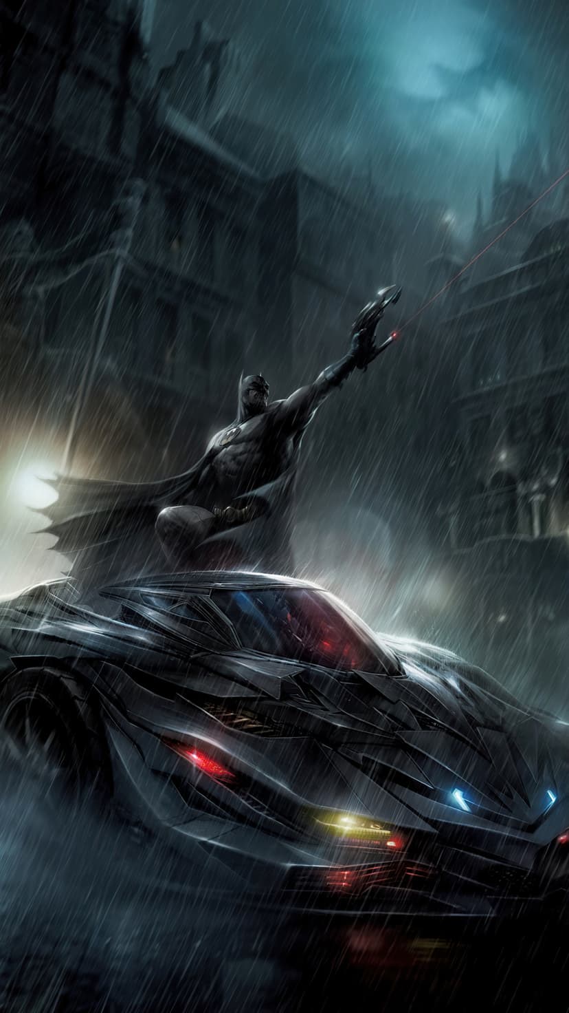 Batmobile armored vehicle parked on a wet Gotham street at night with rain reflecting off its matte black surface.