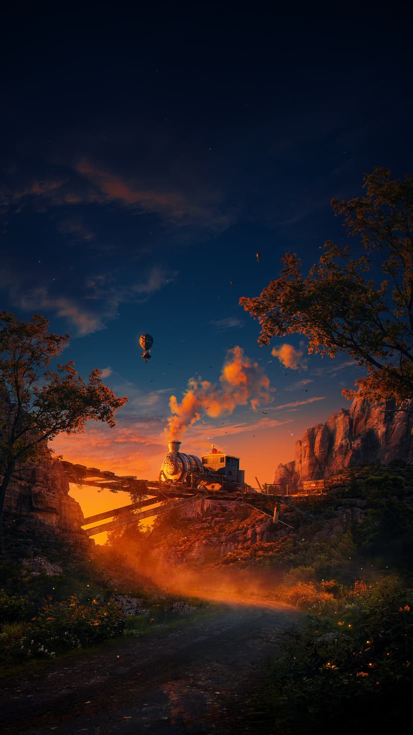Vintage steam train emitting smoke on a wooden bridge above a canyon with hot air balloons against a sunset sky.