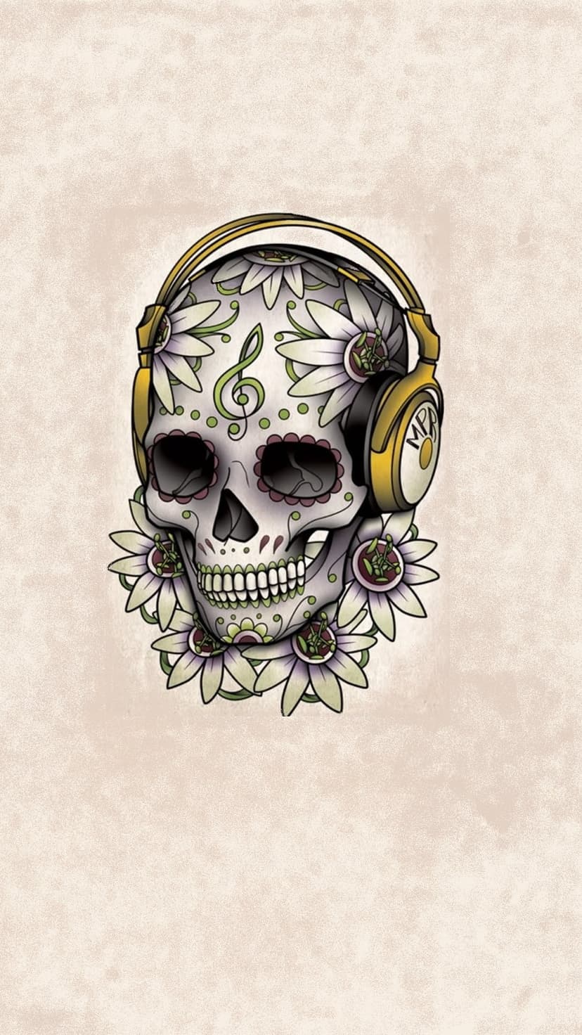 Sugar skull wearing headphones surrounded by bright flowers and a treble clef symbol on its forehead.