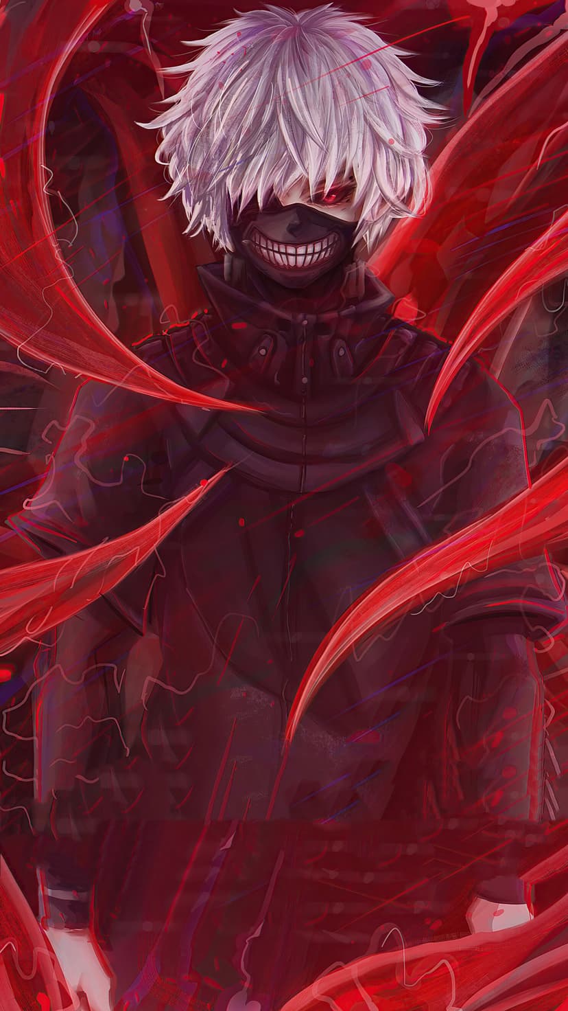 Ken Kaneki smiles behind his mask as glowing red rinkaku tentacles swirl around his white-haired ghoul form.