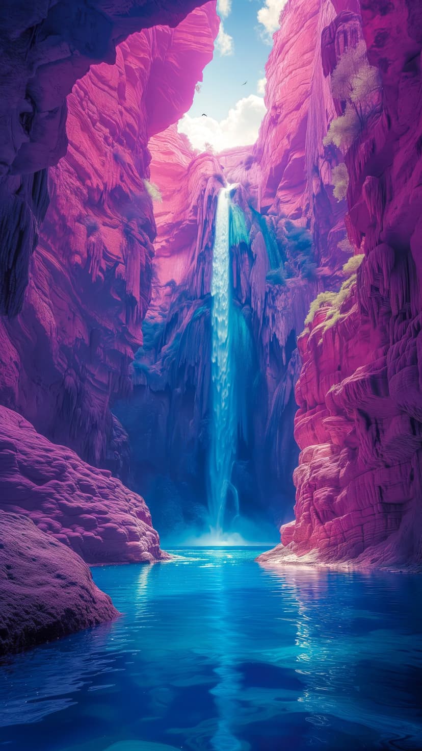Waterfall cascading into a turquoise pool between high violet canyon walls under soft atmospheric lighting.