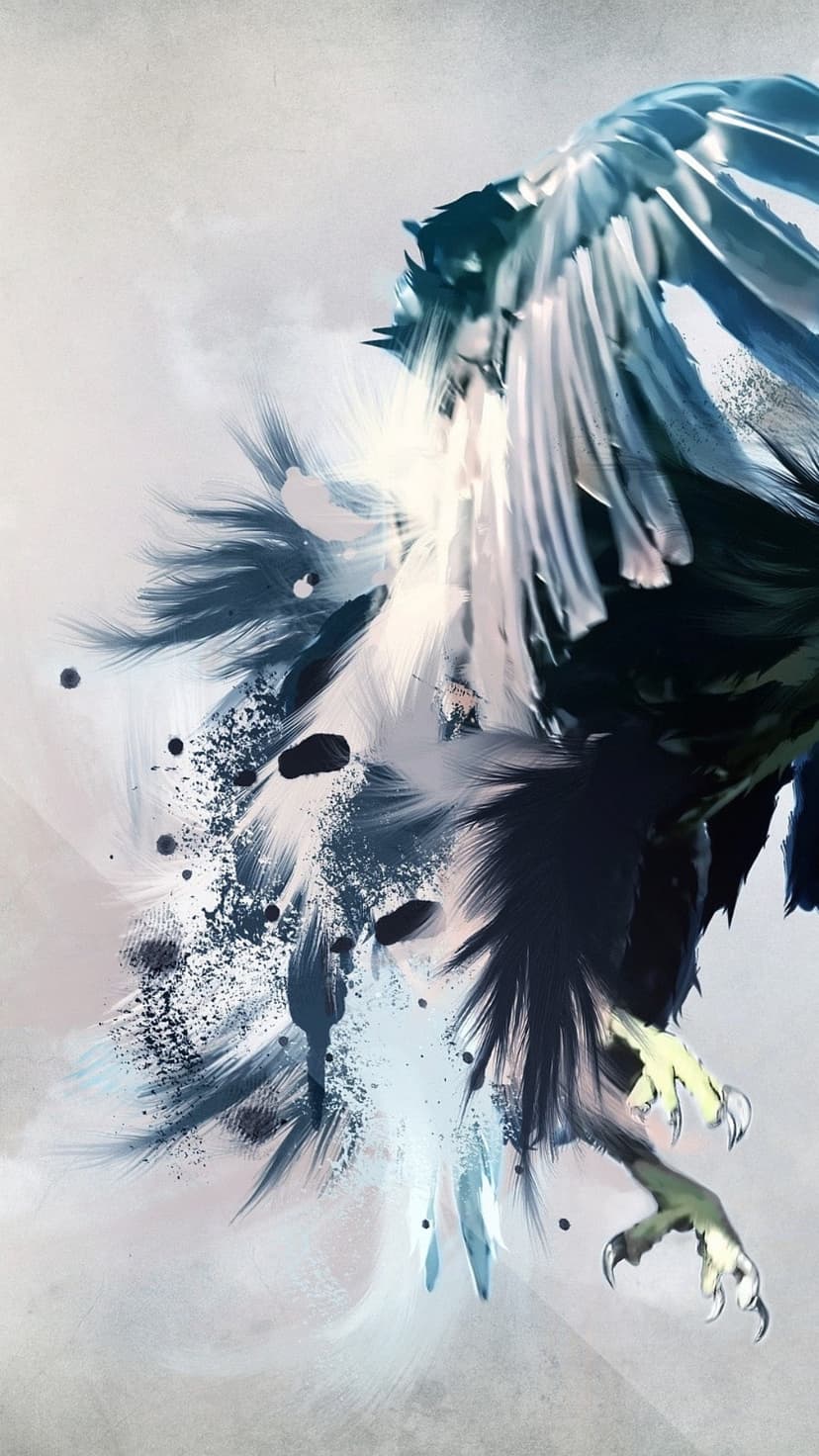 Eagle with sharp talons and outstretched wings amidst blue and black ink splatters in a vertical abstract painting.