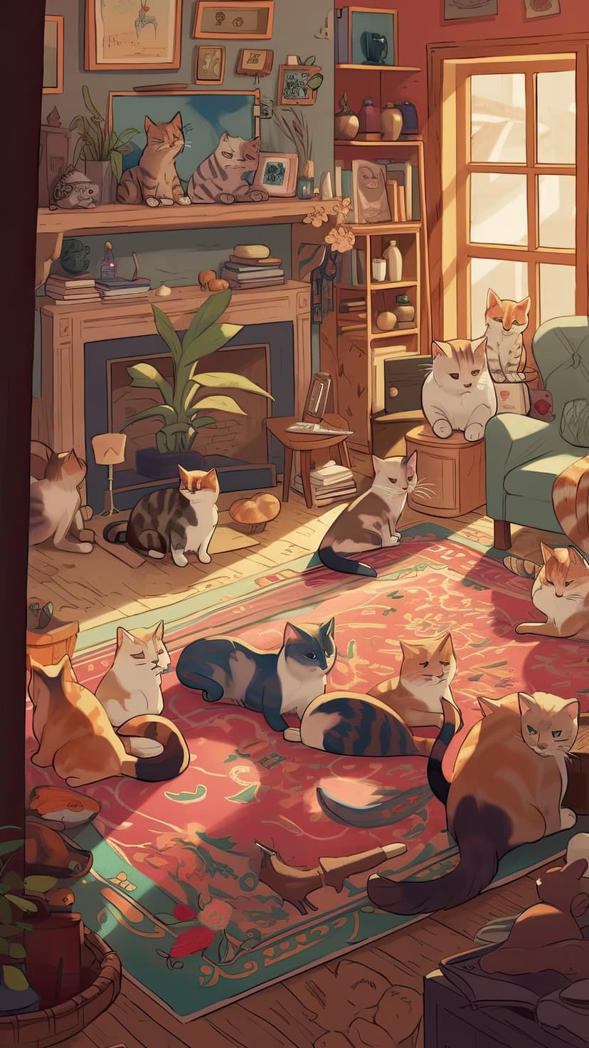 Dozens of cats rest on a red carpet in a sunlit library with a fireplace, captured in a vertical orientation.