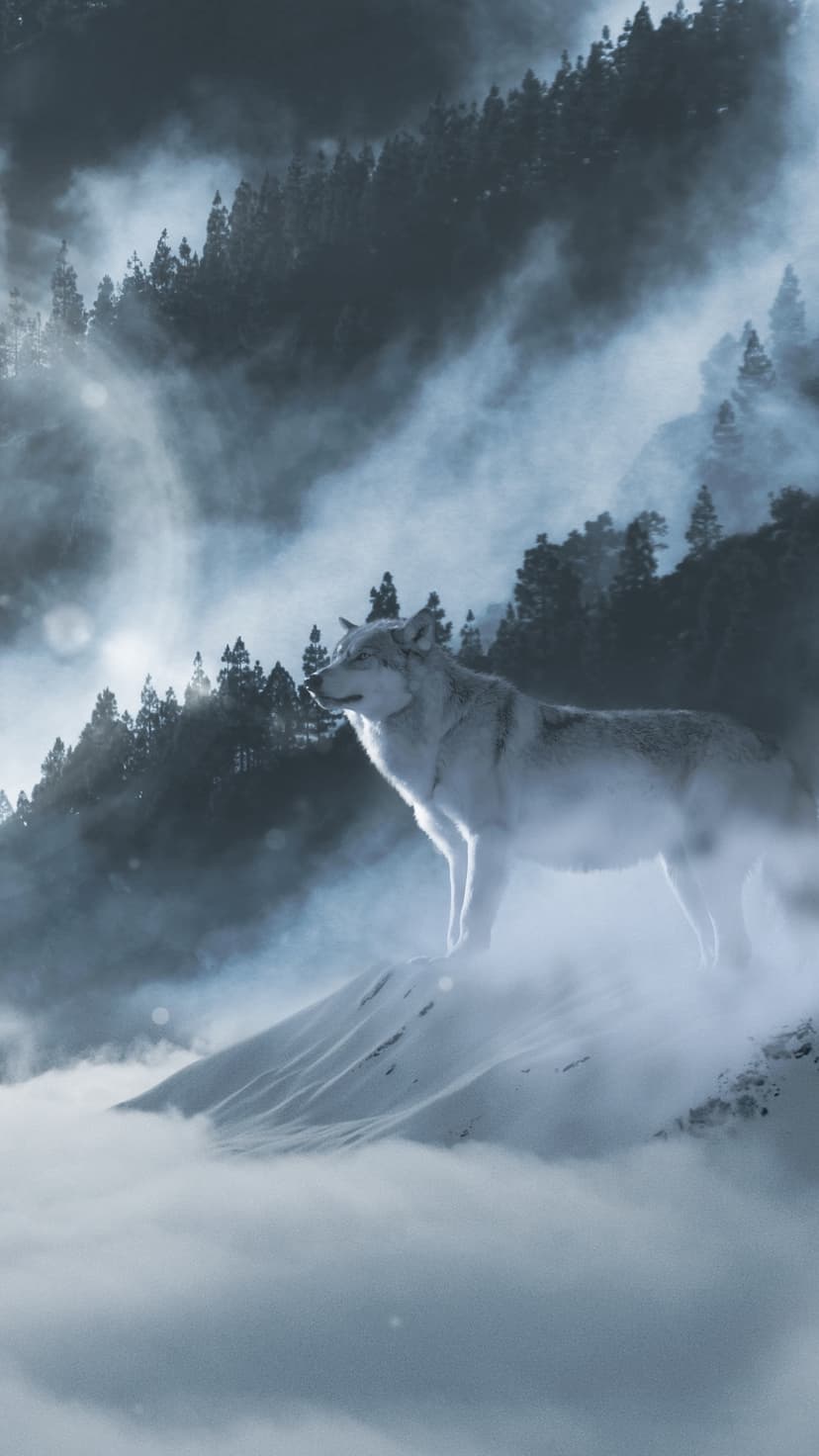 White wolf standing on a snow-covered ridge surrounded by foggy pine trees and hazy mountain peaks.