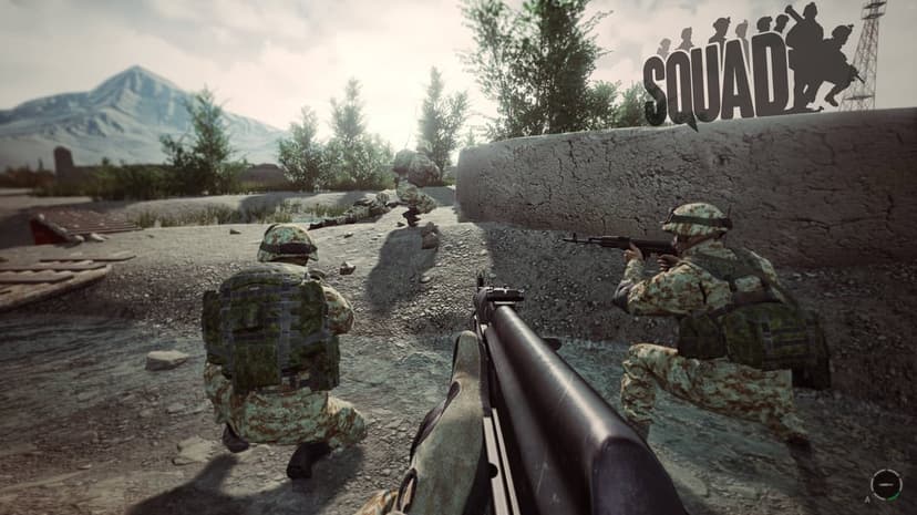 Soldiers in digital camouflage move through a desert landscape with mountains in this tactical gaming scene.