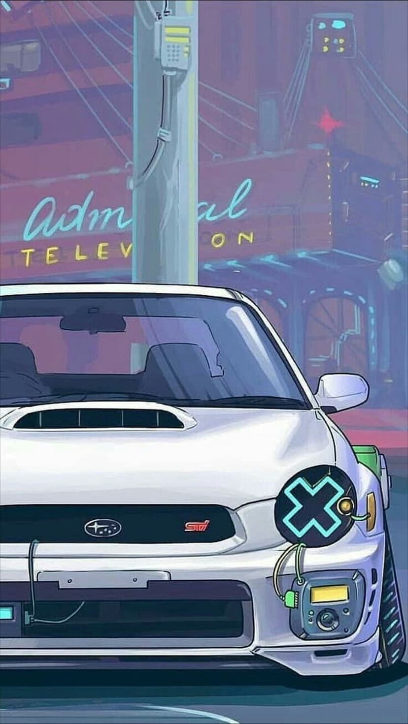 White Subaru WRX STI sports car parked on a futuristic neon-lit street between glowing metropolitan skyscrapers.