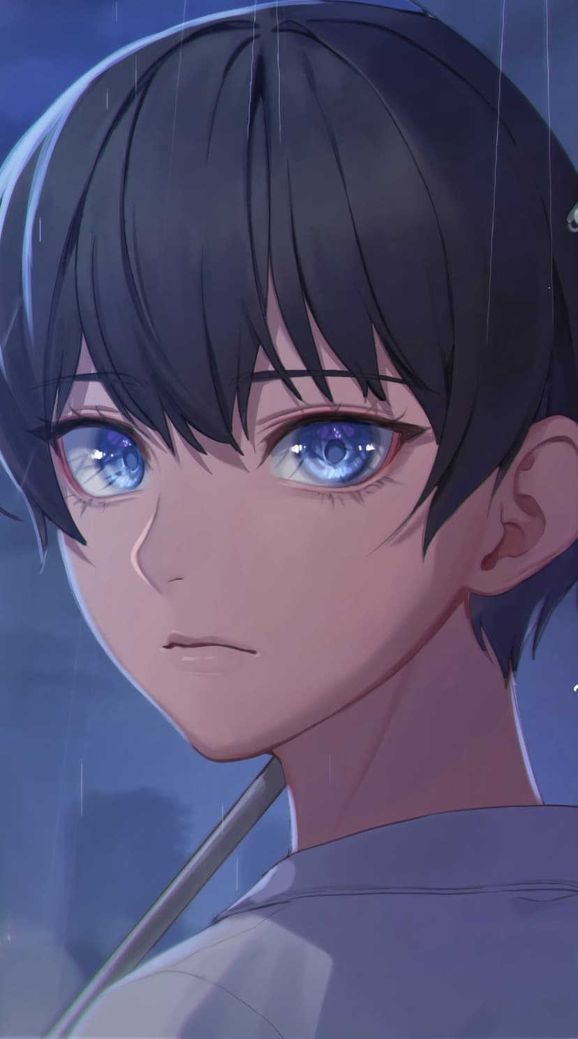 Blue-eyed boy under a dark umbrella looks forward as soft raindrops blur the background in a somber portrait.