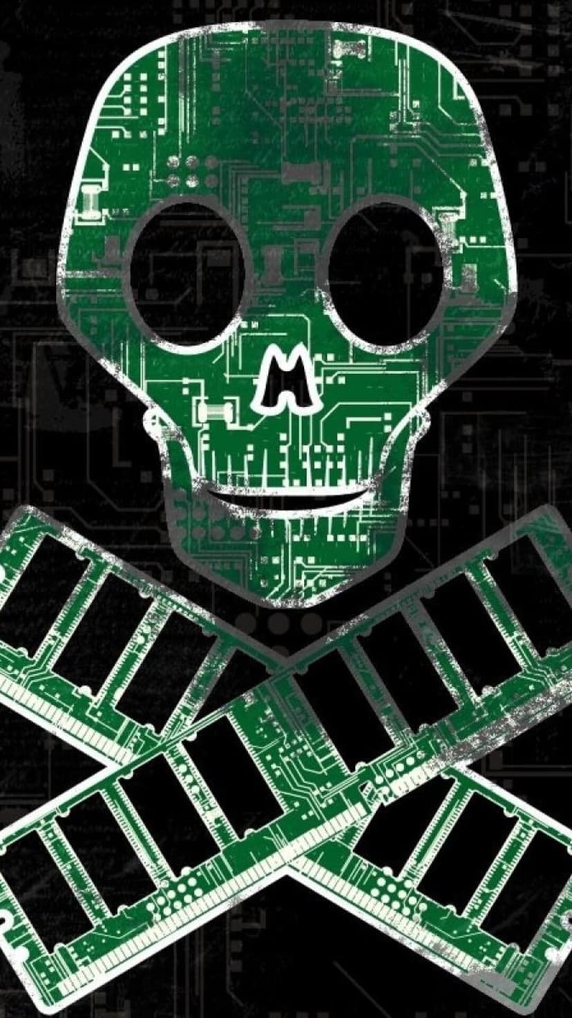 Luminous green circuit board skull with RAM stick crossbones centered on a dark technical motherboard background.
