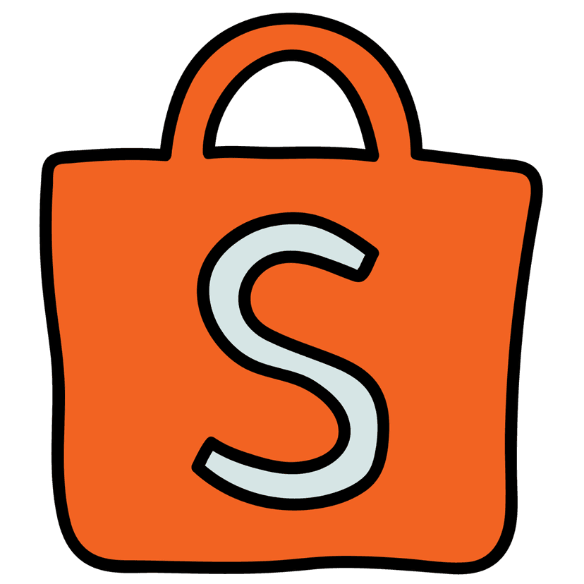 Shopee logo featuring an orange shopping bag icon with a white letter S next to bold sans-serif text.
