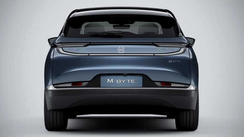 Rear view of a dark blue Byton M-Byte electric vehicle with a horizontal LED light bar on a neutral background.