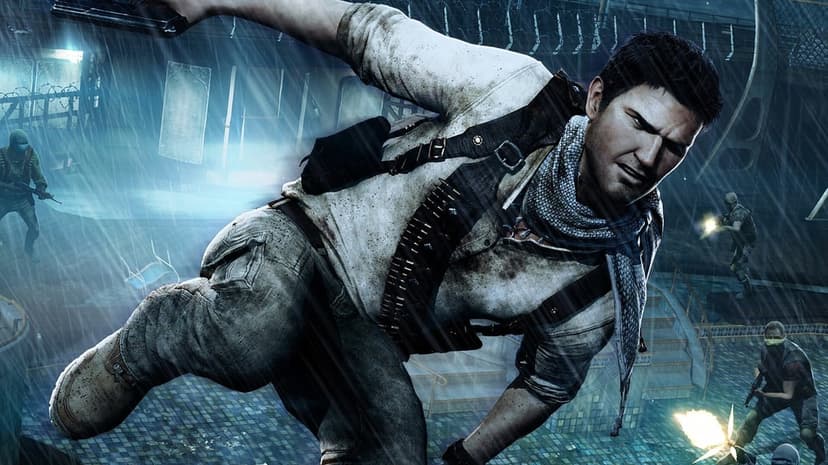Nathan Drake jumps through heavy rain with a gun during a firefight on a flooded cruise ship.