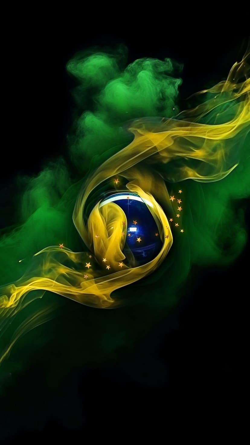 Brazilian flag smoke swirls around a blue globe with white stars against a dark background for mobile screens.