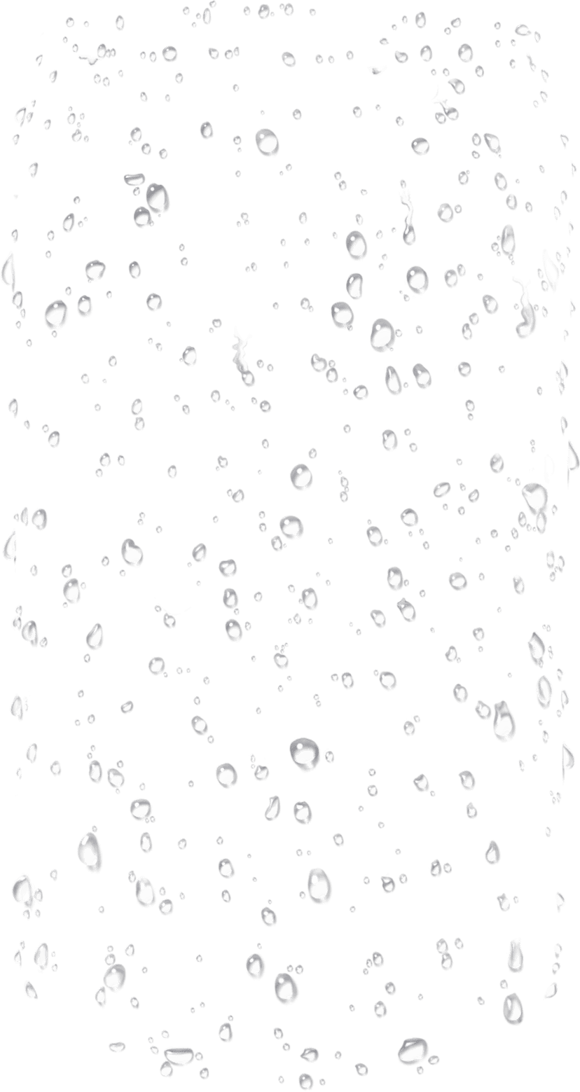 Transparent water droplets display realistic glossy textures and light refractions on a clear background.