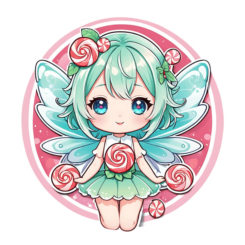 Chibi fairy sticker with mint green hair holds red swirl lollipops against a pink striped circle backdrop.