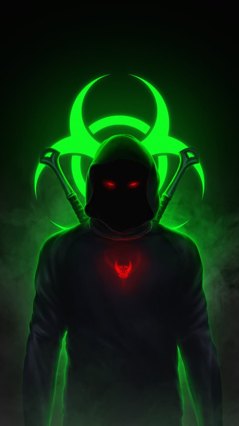 Hooded assassin with glowing red eyes and twin swords stands before a neon green biohazard symbol in thick smoke.