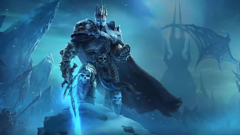 Lich King in ornate skull armor holding a glowing blue sword on a snowy mountain with a dark citadel background.