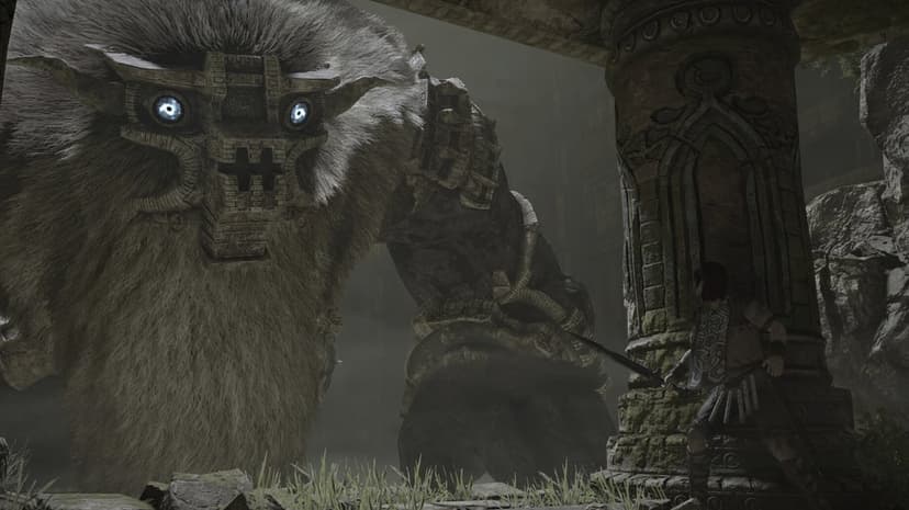 Giant stone colossus with glowing blue eyes looking at a small warrior hiding behind a carved pillar.