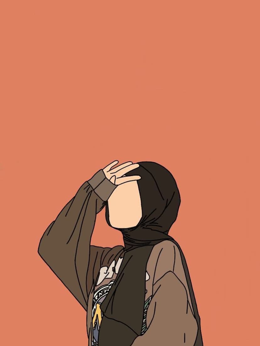 Muslim woman wearing a black hijab and brown hoodie covers her eyes against a solid coral orange background.