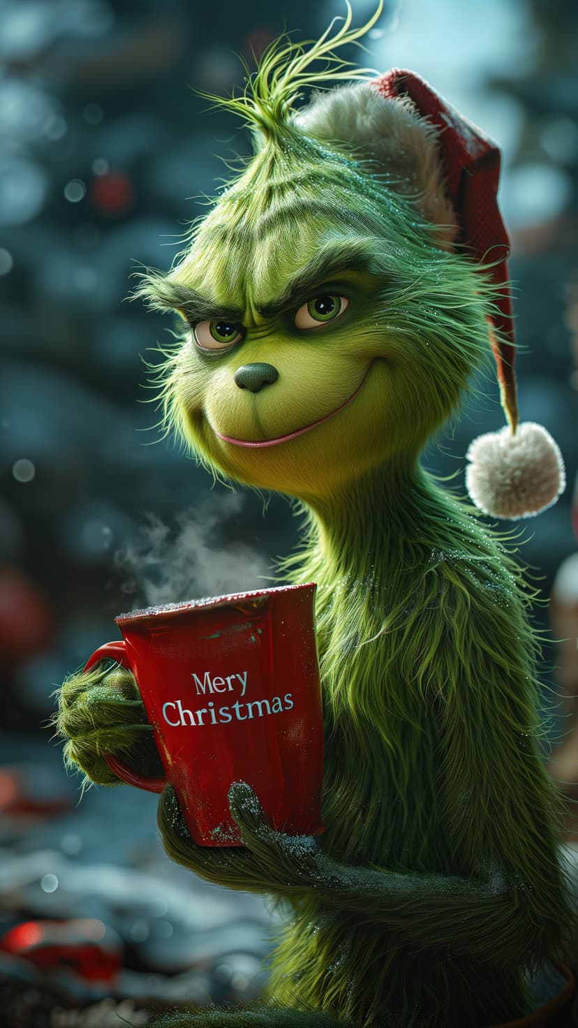 The Grinch wearing a Santa hat holds a steaming red Merry Christmas mug against a blurred festive background.
