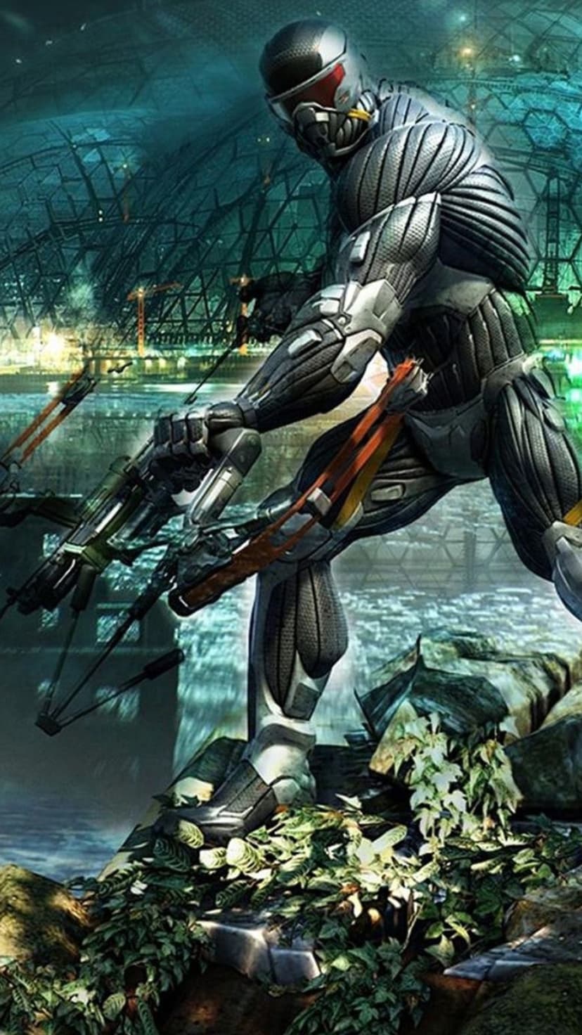 Soldier in a metallic nanosuit holding a tactical bow on a cliff overlooking a futuristic domed city.