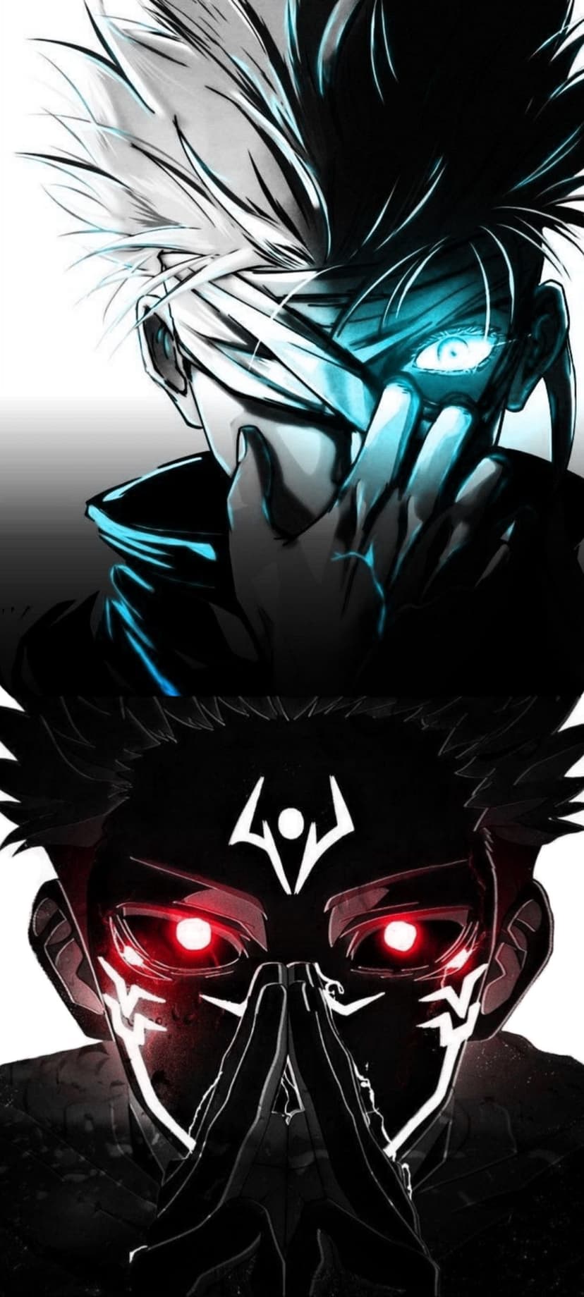 Gojo Satoru with glowing blue eyes faces Sukuna amidst dark shadows and neon energy in a vertical portrait.