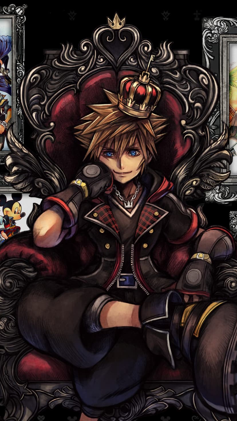 Sora from Kingdom Hearts wearing a crown while sitting on a dark red throne with intricate silver details.