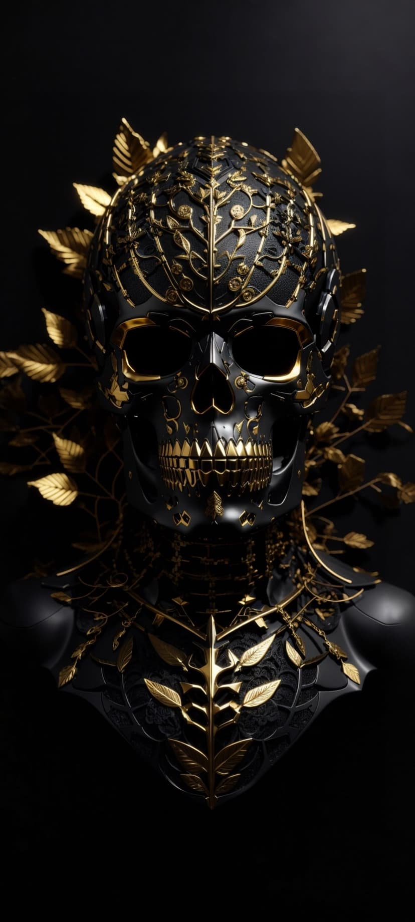 Black skull mask featuring intricate gold leaf floral patterns and metallic filigree on a solid black background.