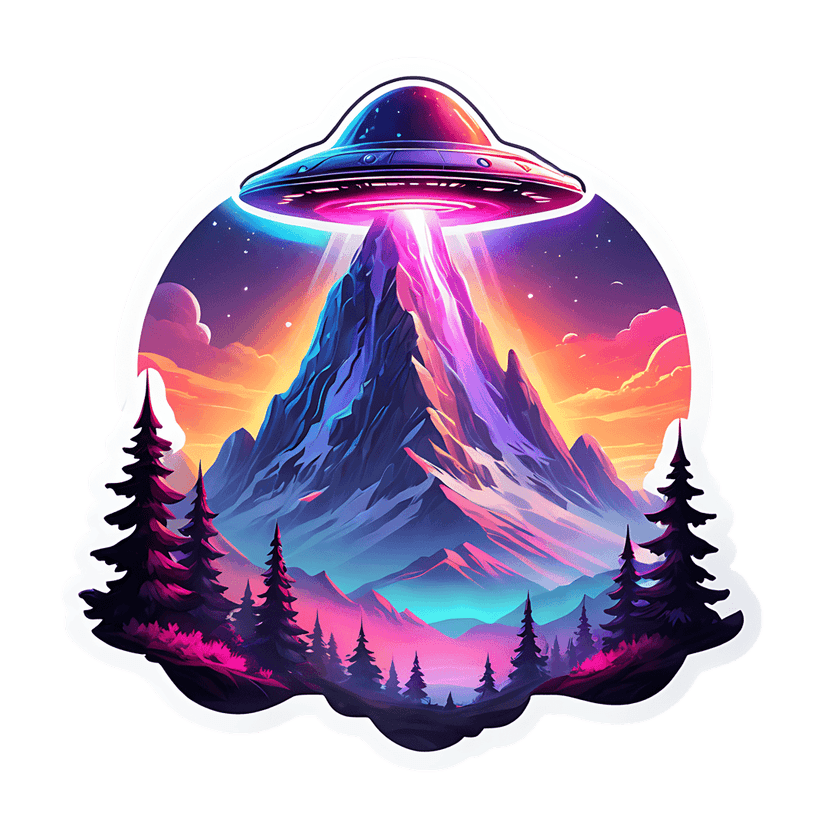 UFO sticker featuring a neon pink beam illuminating blue mountain peaks under a starry twilight orange sky.