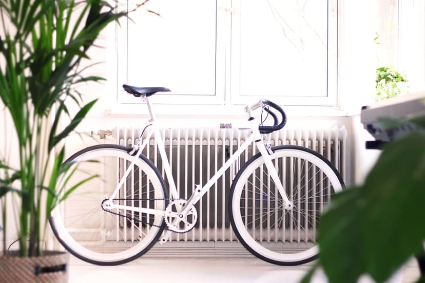 White fixed-gear bicycle with black handlebars stands next to a green potted plant and a white radiator.