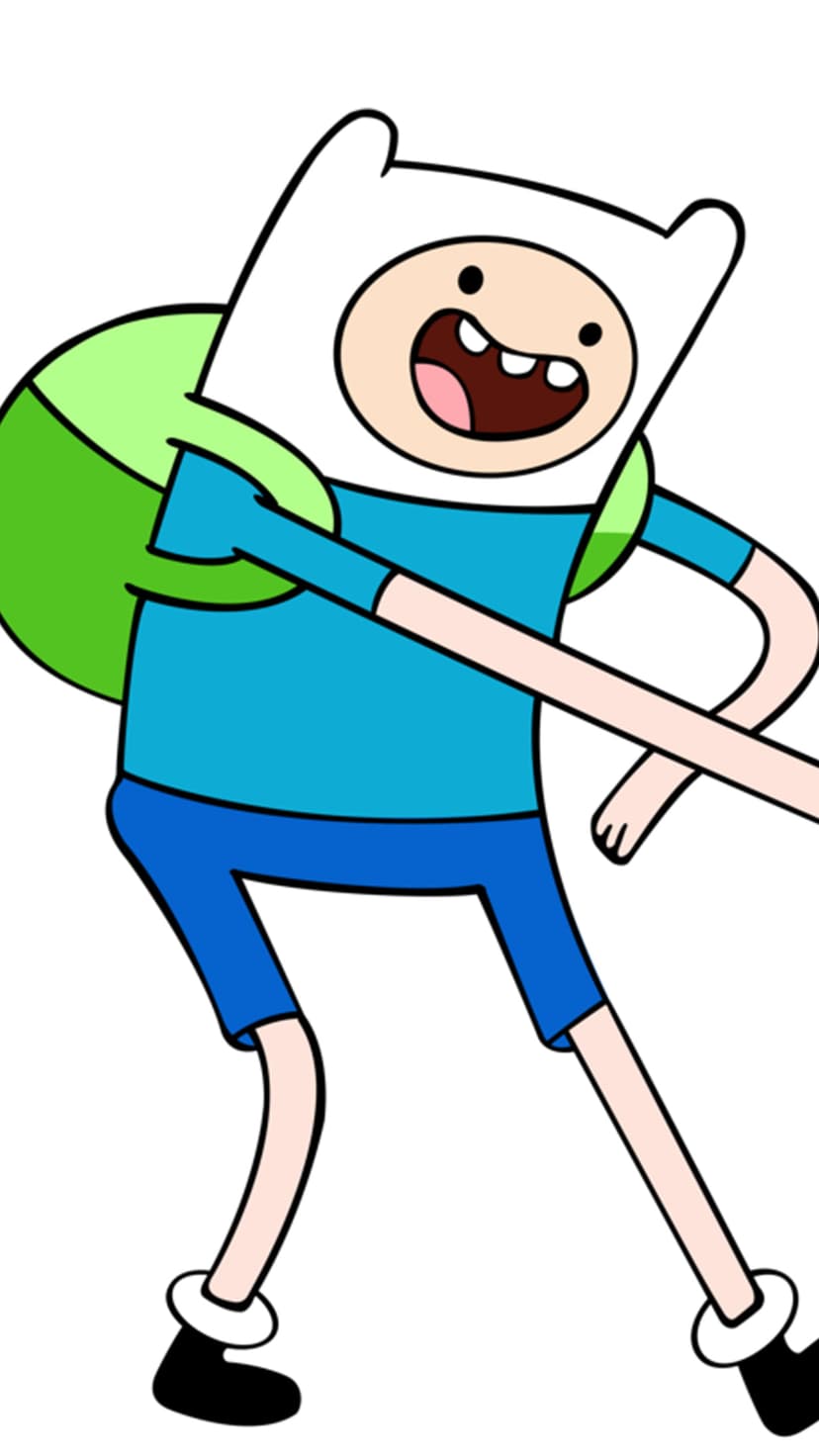 Finn the Human wearing a white hat and green backpack jumps with his mouth open against a plain white background.