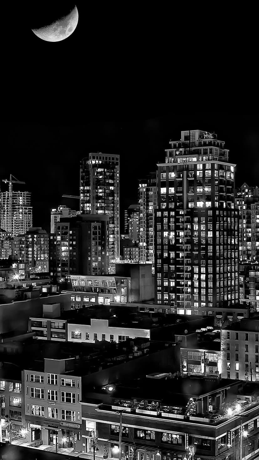 Illuminated skyscrapers and a crescent moon appear in a high-contrast black and white vertical cityscape.