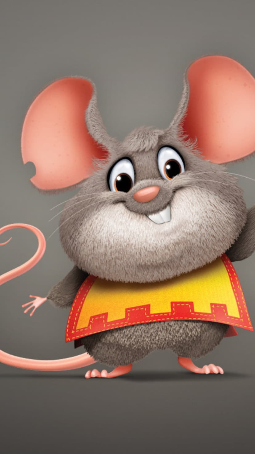 Grey mouse character with large pink ears and a yellow bib smiles against a solid grey background for mobile.