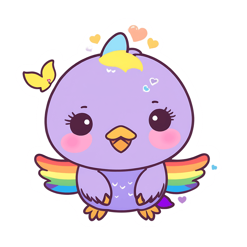 Lavender bird sticker with rainbow wings and yellow beak surrounded by hearts and a small butterfly on black.